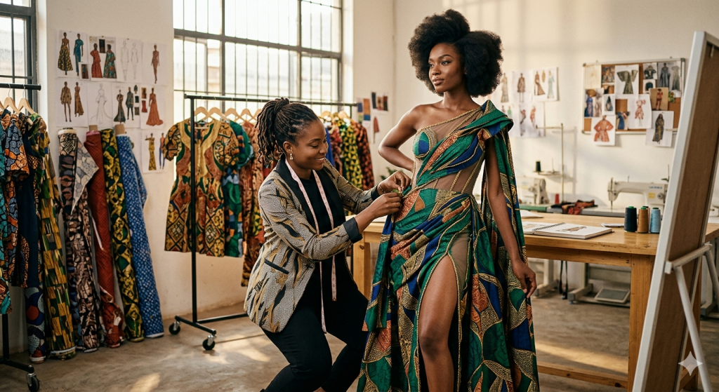 fashion designer testing a sample on a model